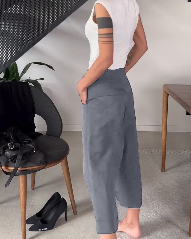 Laluna® | Eénkleurige asymmetrische casual broek