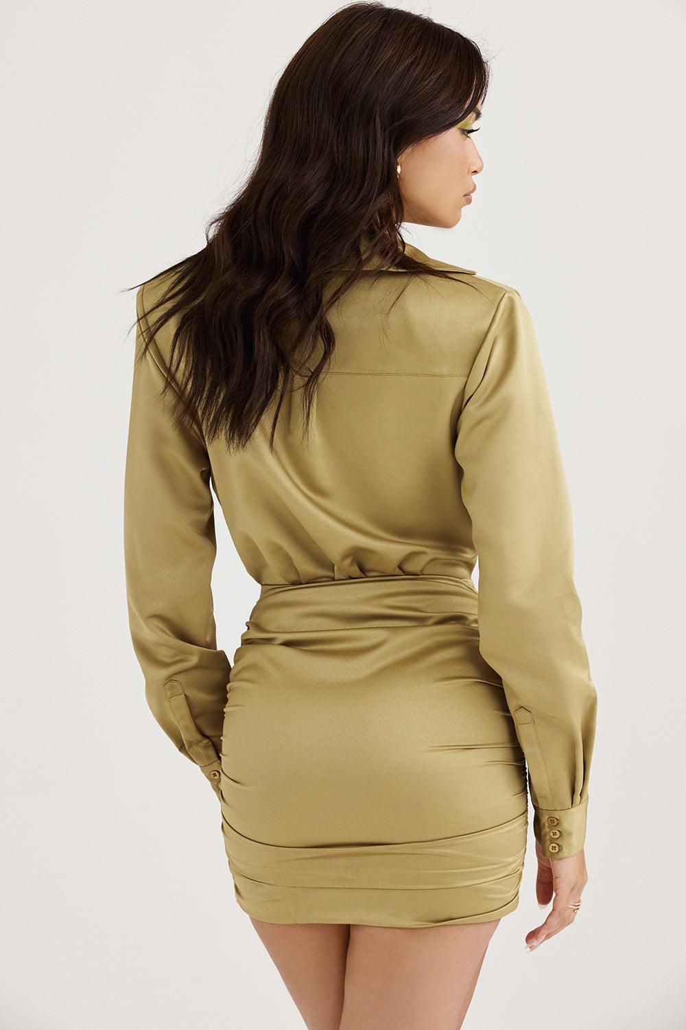 KLÆDT® Olivengrøn Satin Skjortekjole ✨